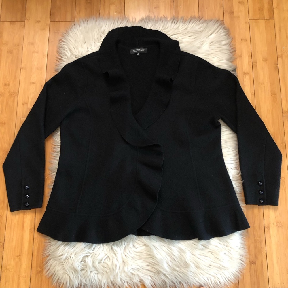 Jones New York 100% Merino Wool Ruffled Collar Black Cardigan Sweater size 1X